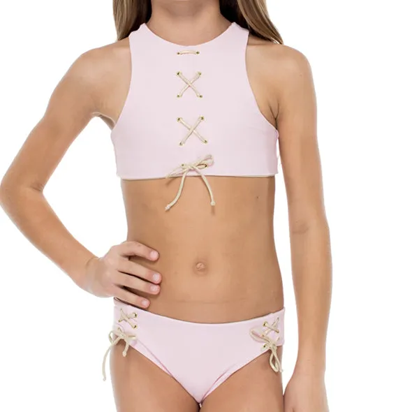 LA CORREDERA - Eyelets Lace Up High Neck Top Bikini