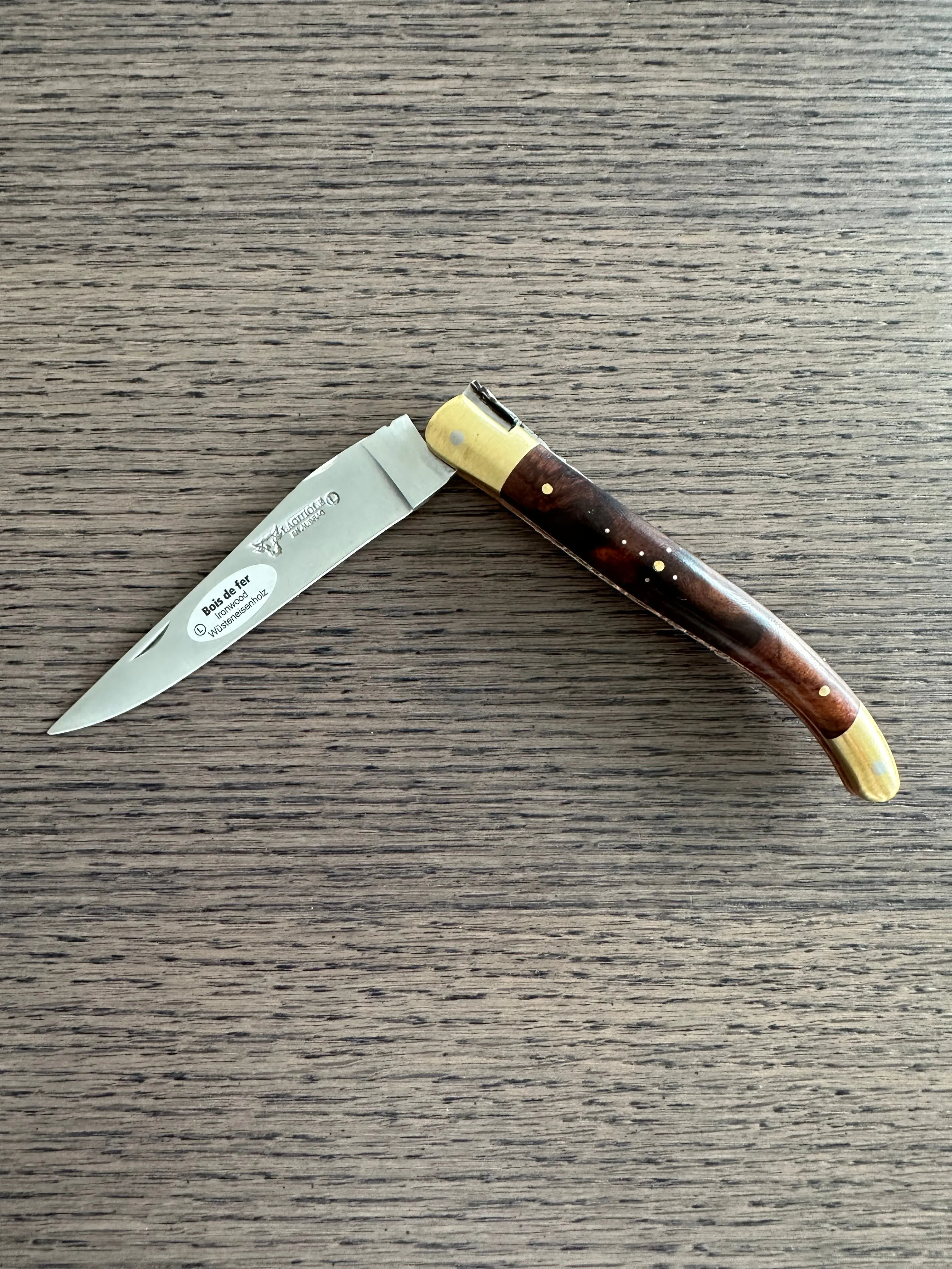 Laguiole en Aubrac Le Bijou Luxury Multipurpose Knife, 4.8-in (12cm), Ironwood Burl Handle, With  Brass Bolsters, And Two Copper Plates