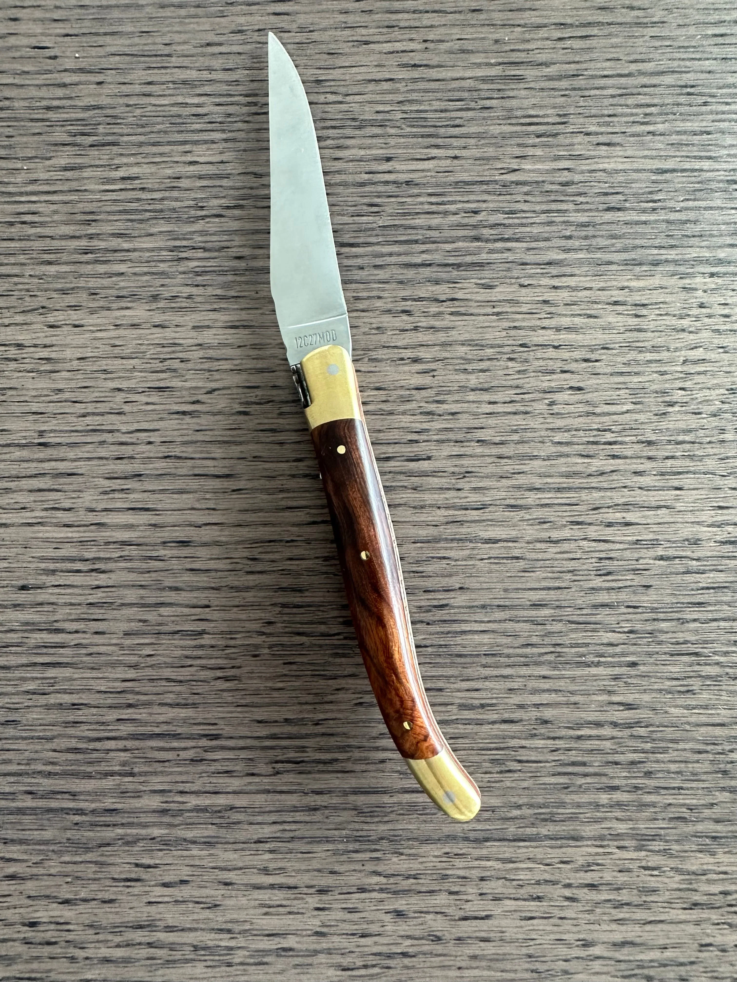Laguiole en Aubrac Le Bijou Luxury Multipurpose Knife, 4.8-in (12cm), Ironwood Burl Handle, With  Brass Bolsters, And Two Copper Plates