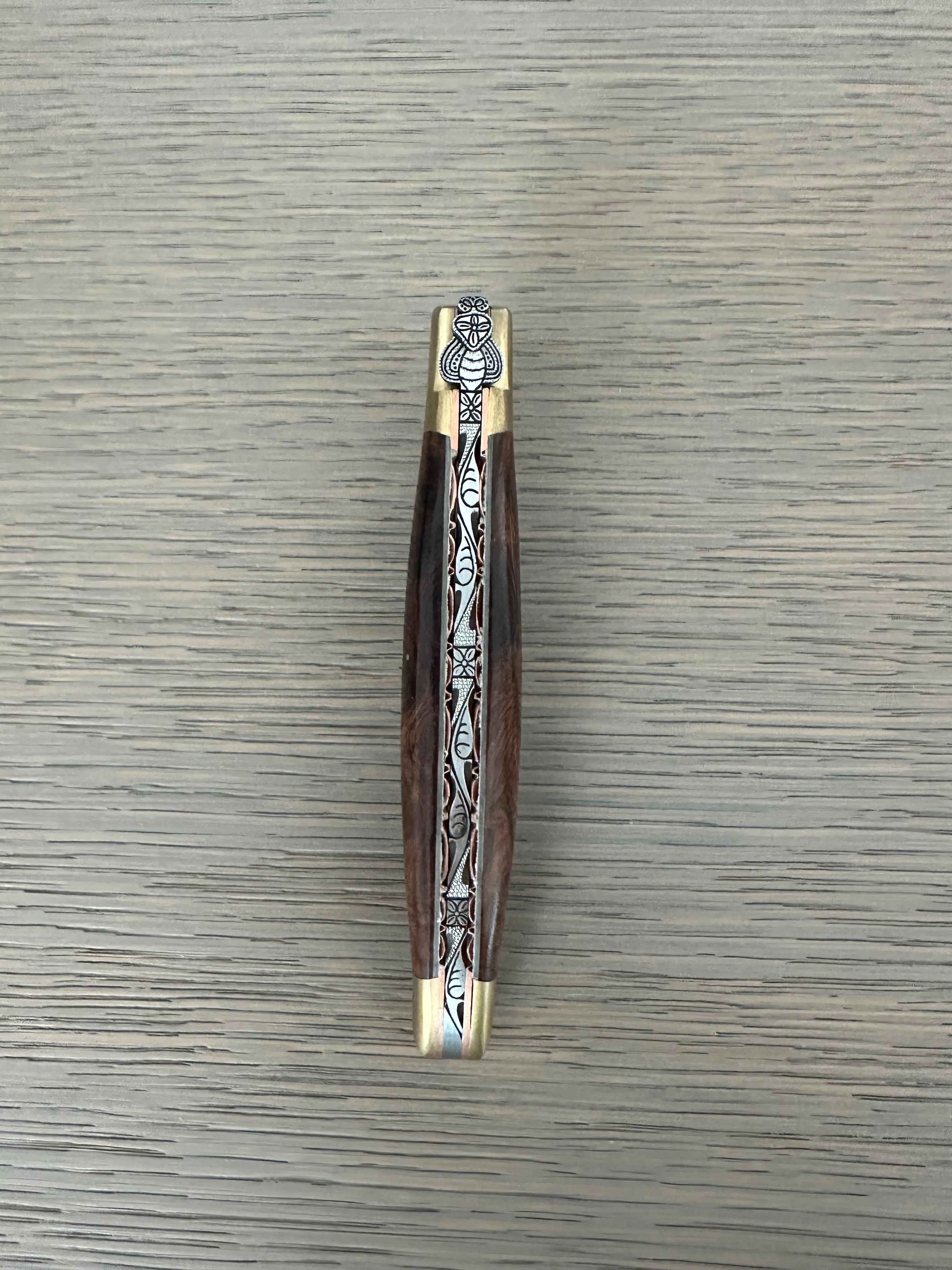 Laguiole en Aubrac Le Bijou Luxury Multipurpose Knife, 4.8-in (12cm), Ironwood Burl Handle, With  Brass Bolsters, And Two Copper Plates