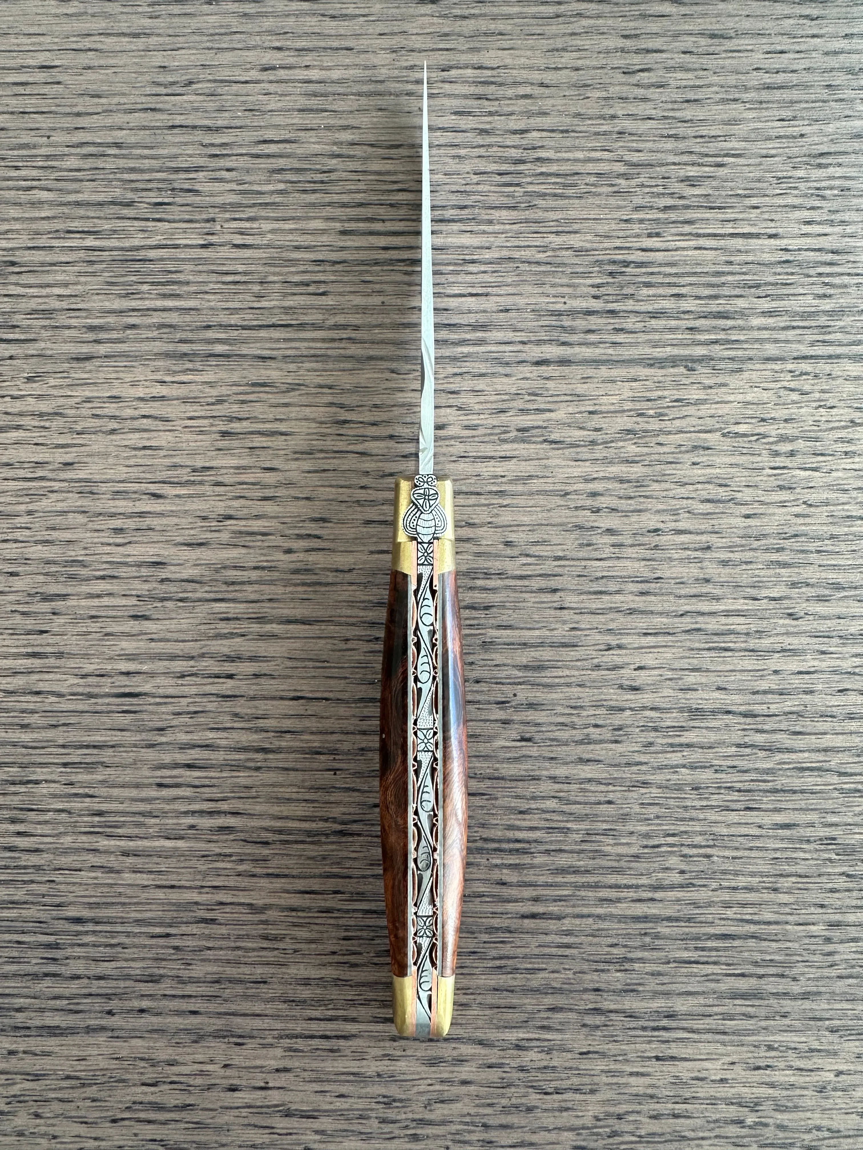 Laguiole en Aubrac Le Bijou Luxury Multipurpose Knife, 4.8-in (12cm), Ironwood Burl Handle, With  Brass Bolsters, And Two Copper Plates