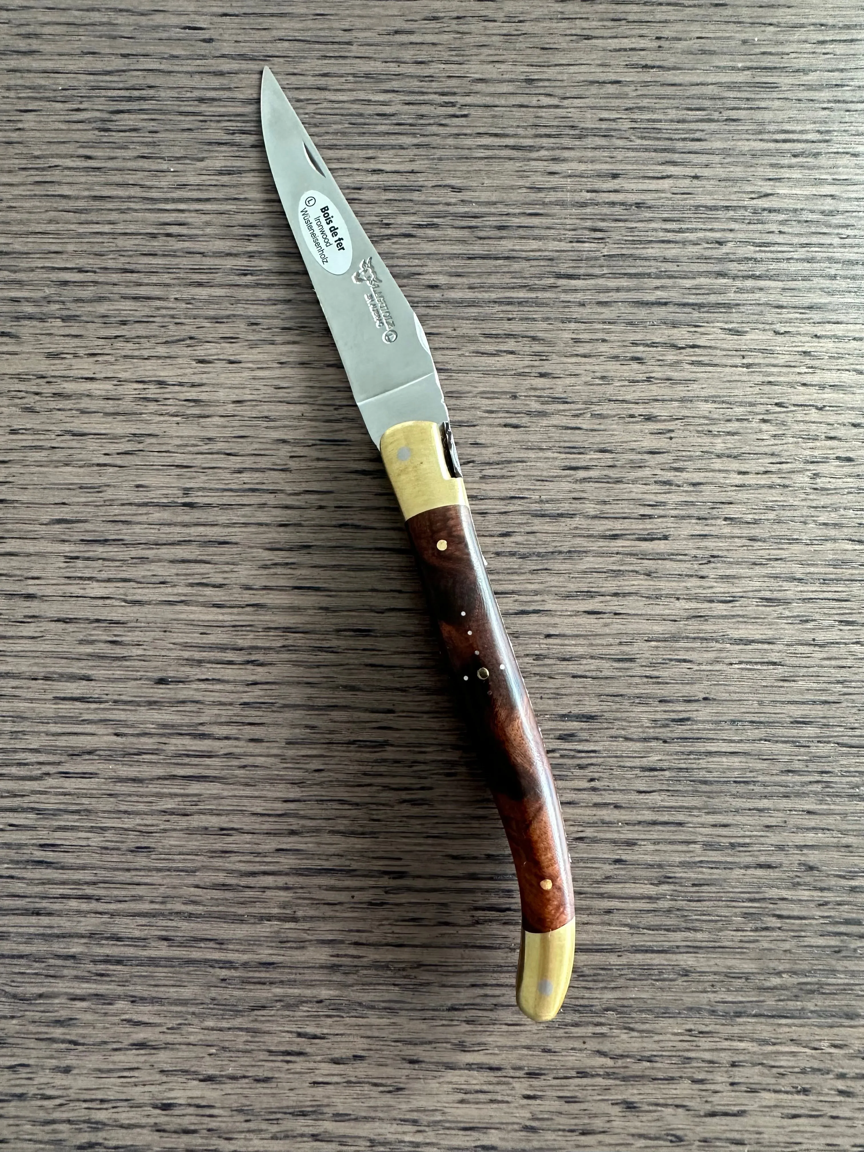 Laguiole en Aubrac Le Bijou Luxury Multipurpose Knife, 4.8-in (12cm), Ironwood Burl Handle, With  Brass Bolsters, And Two Copper Plates