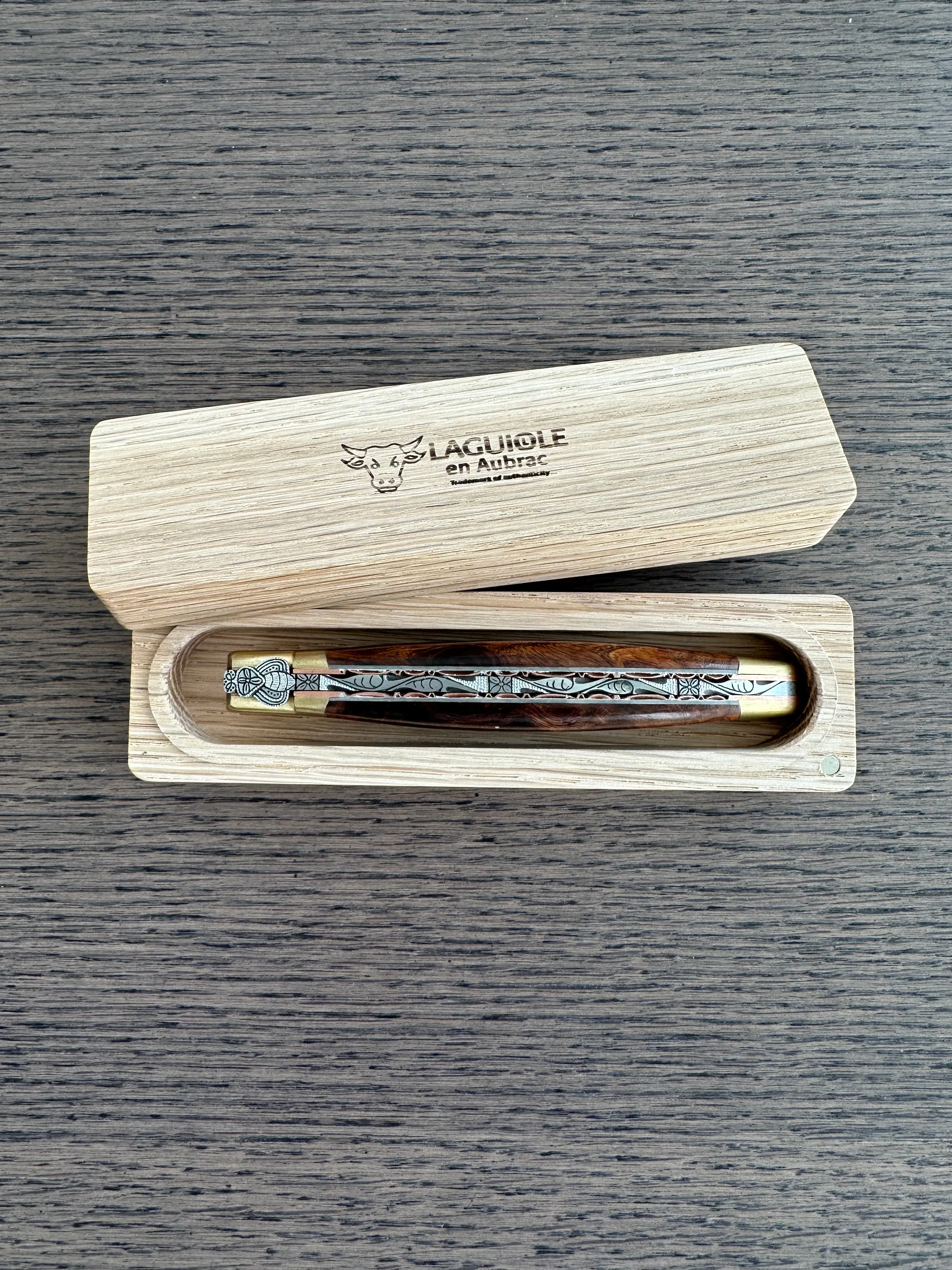 Laguiole en Aubrac Le Bijou Luxury Multipurpose Knife, 4.8-in (12cm), Ironwood Burl Handle, With  Brass Bolsters, And Two Copper Plates