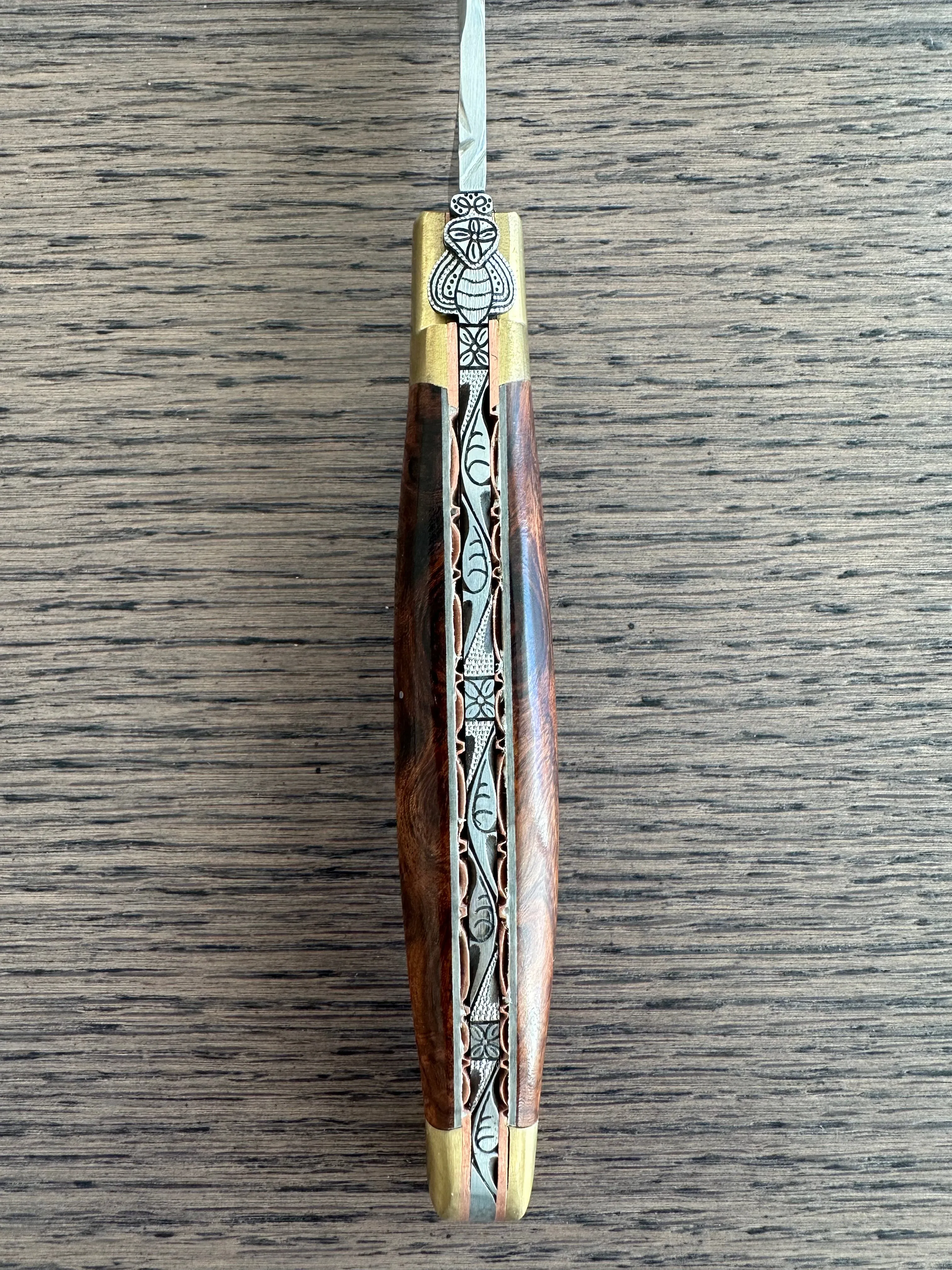 Laguiole en Aubrac Le Bijou Luxury Multipurpose Knife, 4.8-in (12cm), Ironwood Burl Handle, With  Brass Bolsters, And Two Copper Plates