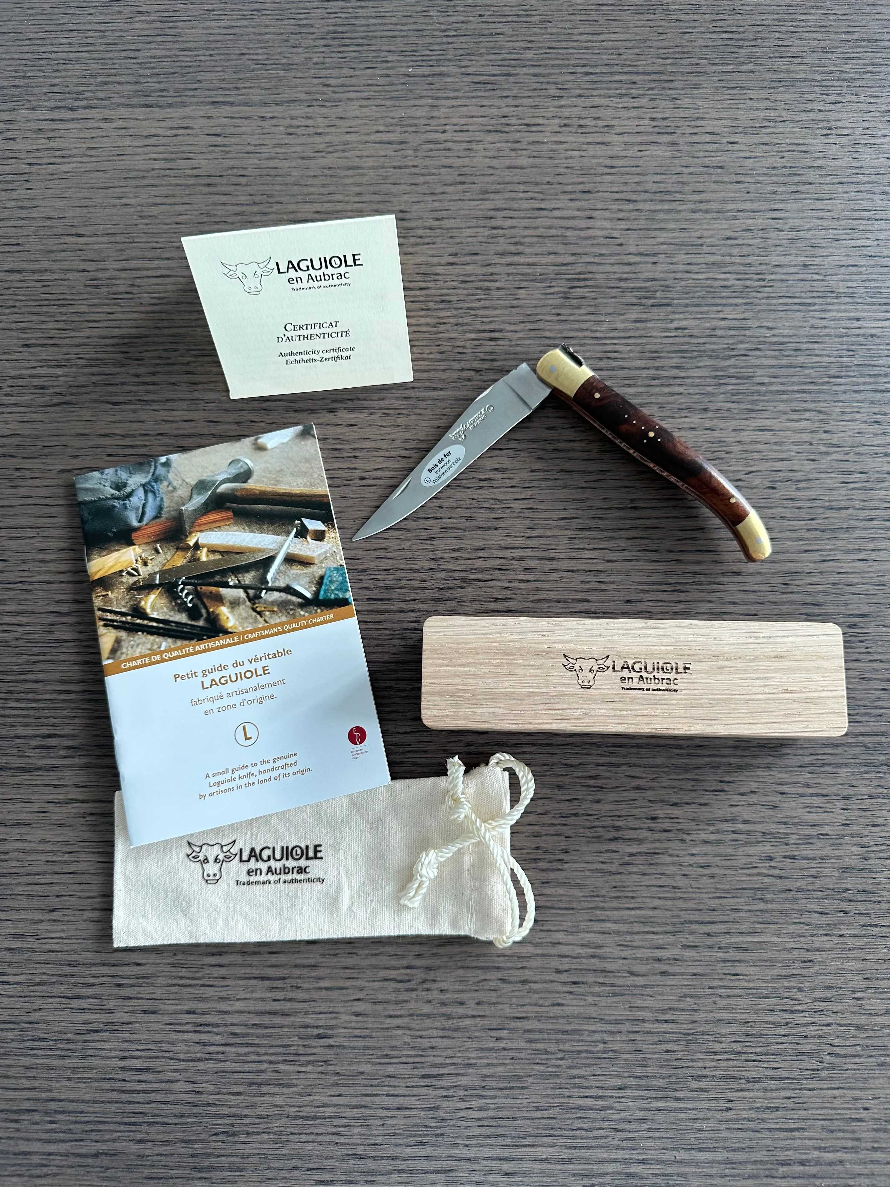 Laguiole en Aubrac Le Bijou Luxury Multipurpose Knife, 4.8-in (12cm), Ironwood Burl Handle, With  Brass Bolsters, And Two Copper Plates