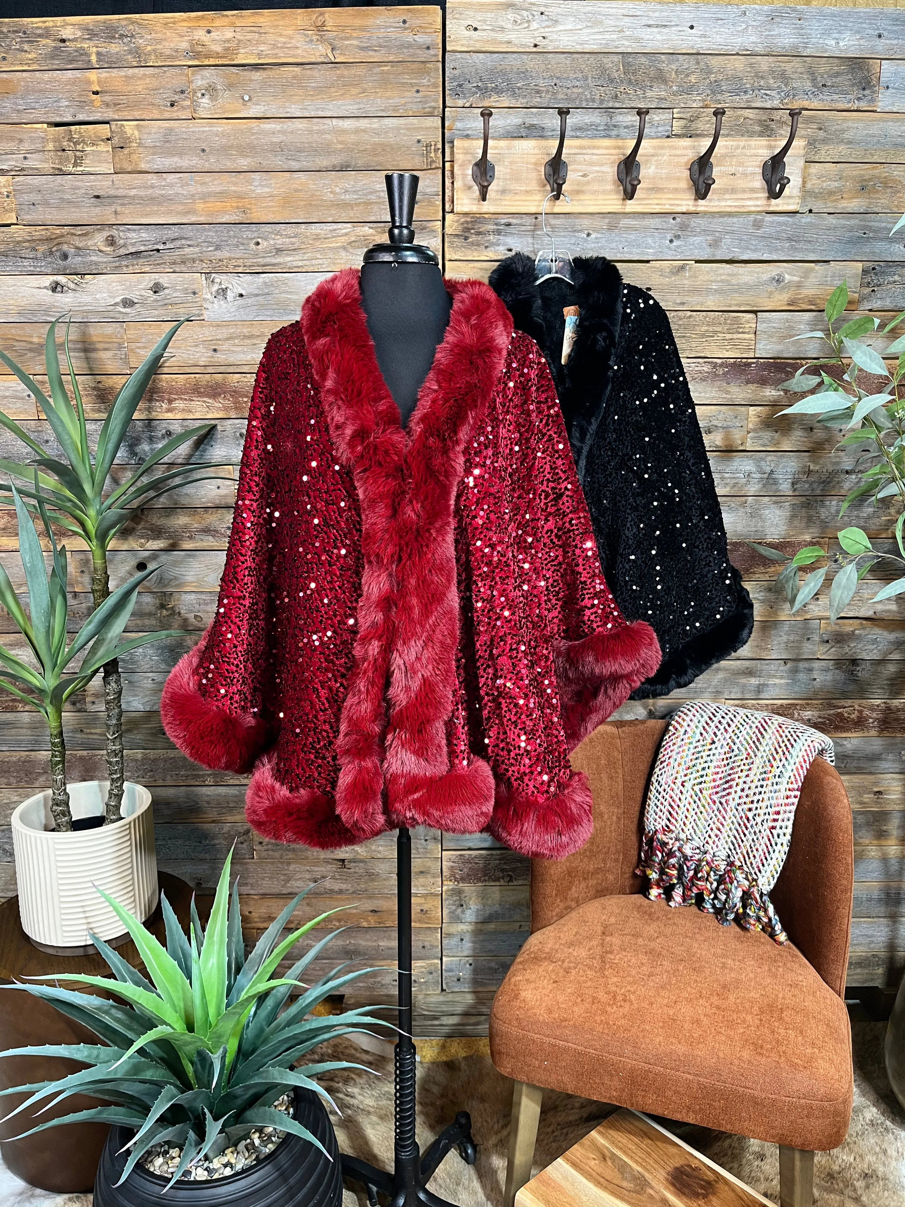 Layla Sequin Faux Fur Trim Cape