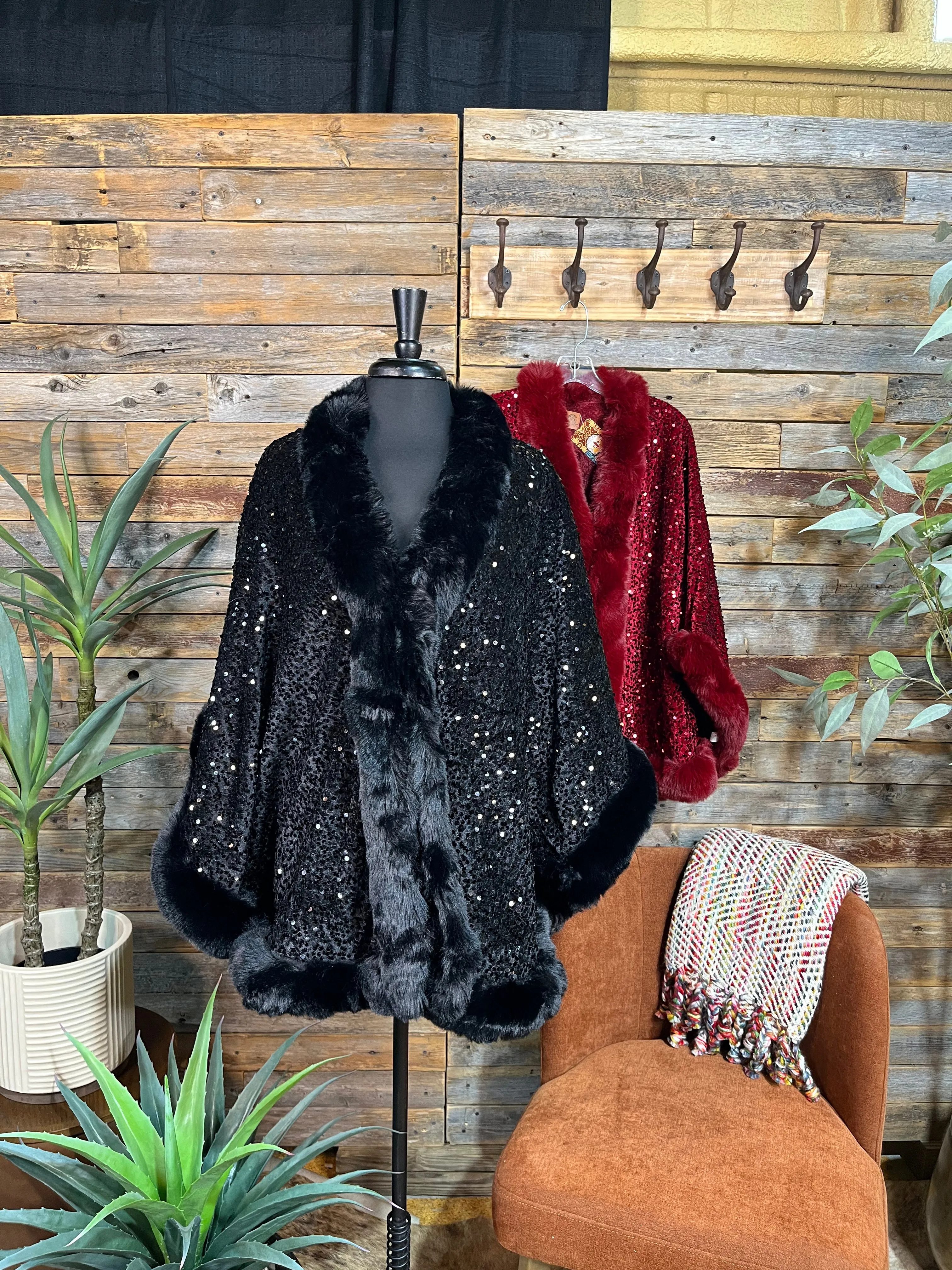 Layla Sequin Faux Fur Trim Cape
