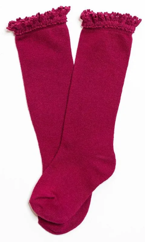 Little Stocking Co Lace Top Knee High Socks - Berry