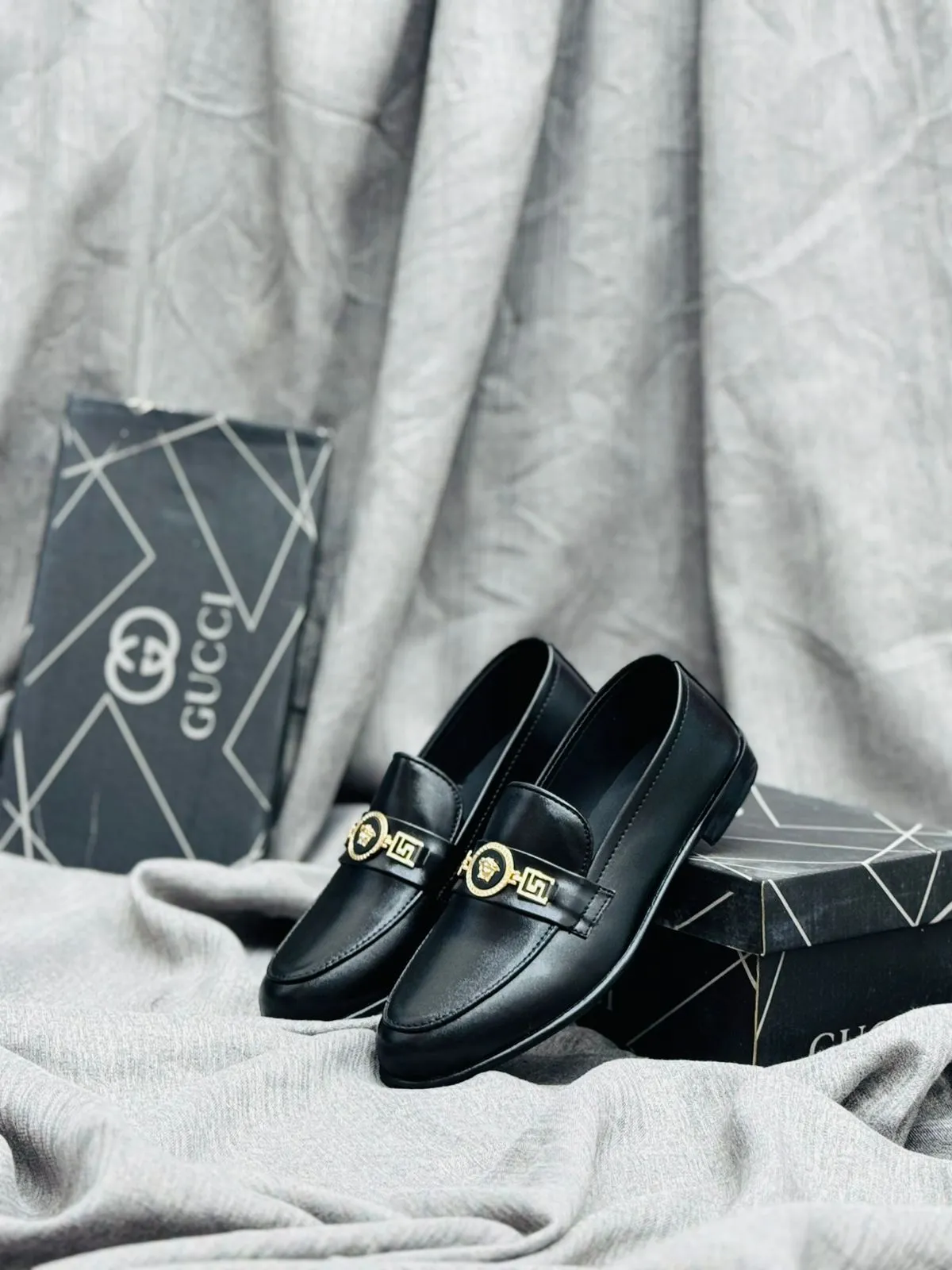 Luxury Black Leather Loafers with Gold Buckle – Premium Elegance