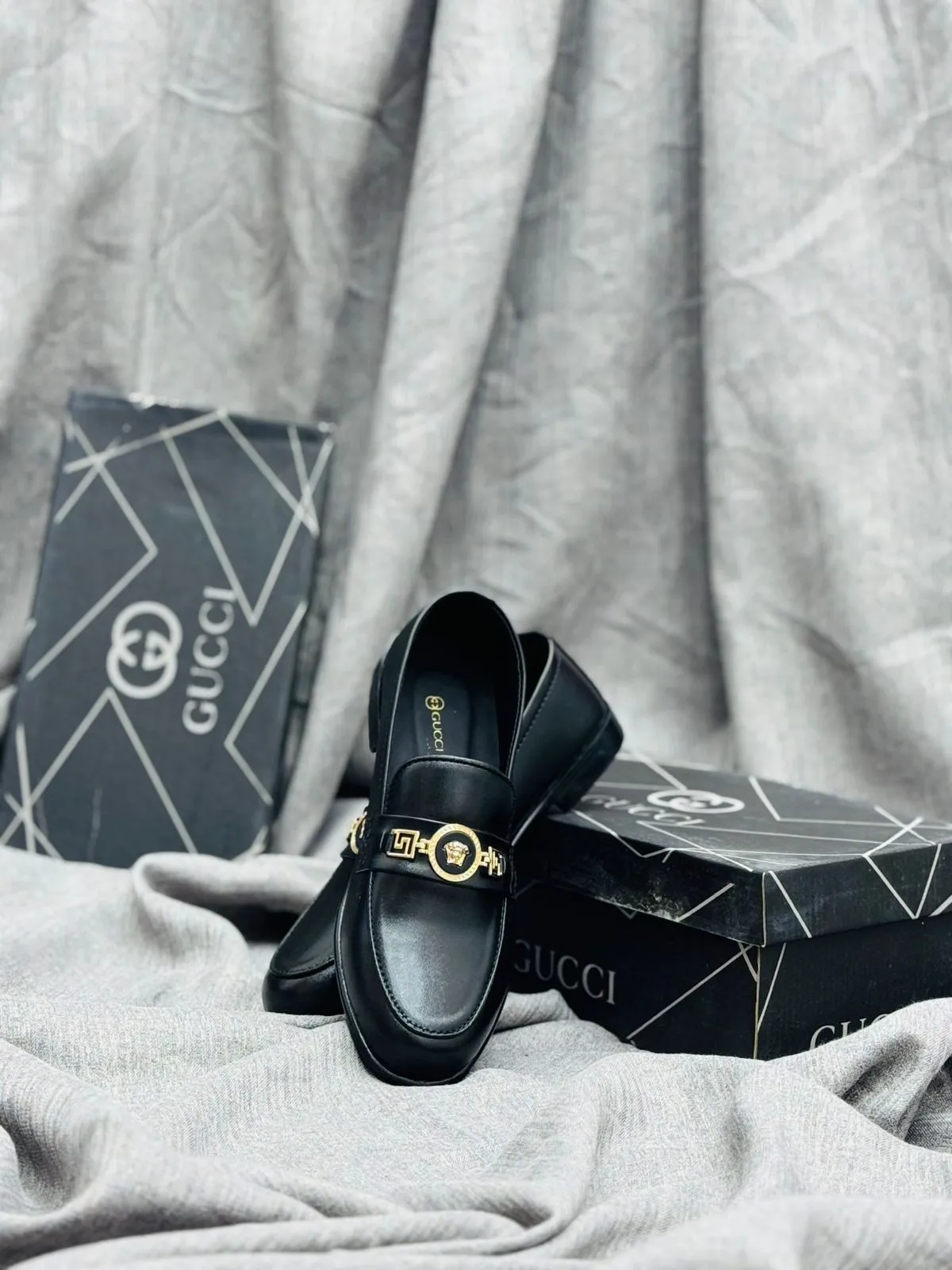 Luxury Black Leather Loafers with Gold Buckle – Premium Elegance