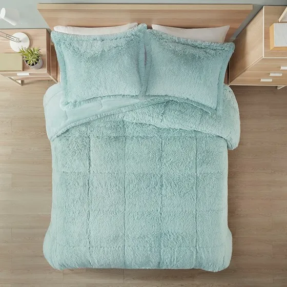 Malea Shaggy Faux Fur Comforter Mini Set (Aqua)