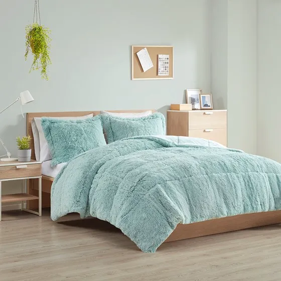 Malea Shaggy Faux Fur Comforter Mini Set (Aqua)