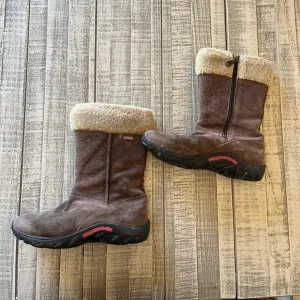 MERRELL Girls optiwarm Winter Jungle Moc Puff brown Fur Trim Flower boots size 4
