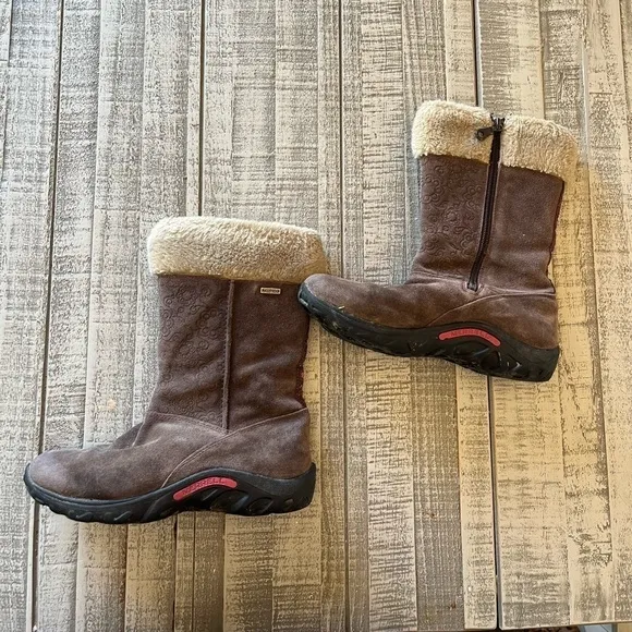 MERRELL Girls optiwarm Winter Jungle Moc Puff brown Fur Trim Flower boots size 4
