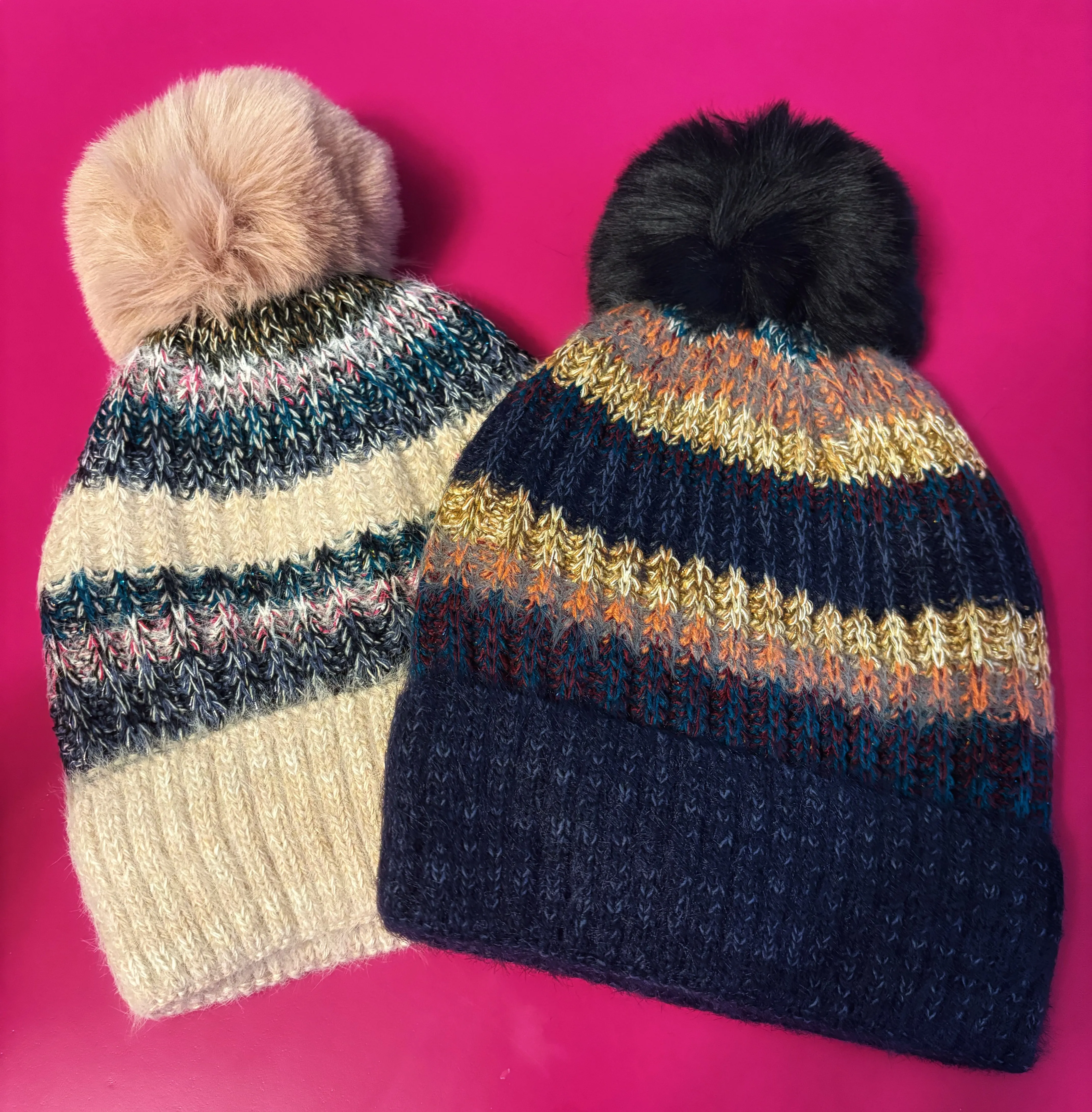 Metallic Striped Pompom Beanie- 3 colors