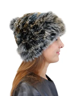MULTICOLOR KNITTED REX RABBIT FUR & FOX FUR POM-POM BEANIE, HAT