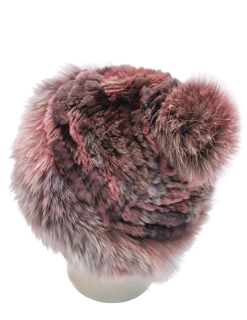 MULTICOLOR KNITTED REX RABBIT FUR & FOX FUR POM-POM BEANIE, HAT