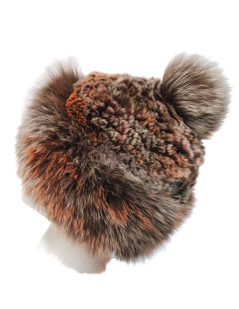 MULTICOLOR KNITTED REX RABBIT FUR & FOX FUR POM-POM BEANIE, HAT