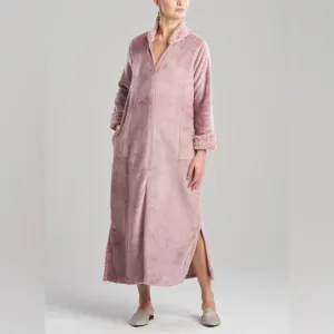 NATORI Sz M Blush Nude Plush Fleece Lynx Faux Fur Mandarin Zip Lounger NWOT