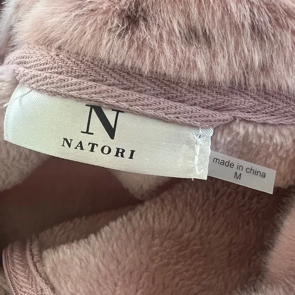 NATORI Sz M Blush Nude Plush Fleece Lynx Faux Fur Mandarin Zip Lounger NWOT