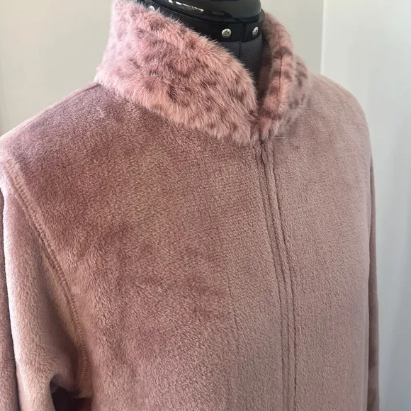 NATORI Sz M Blush Nude Plush Fleece Lynx Faux Fur Mandarin Zip Lounger NWOT