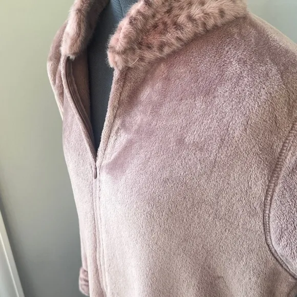 NATORI Sz M Blush Nude Plush Fleece Lynx Faux Fur Mandarin Zip Lounger NWOT
