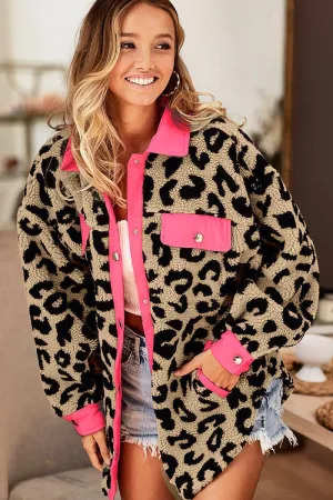 Neon Pink Oat Leopard Faux Fur Buttoned Down Bibi Jacket 10/24/23 7232