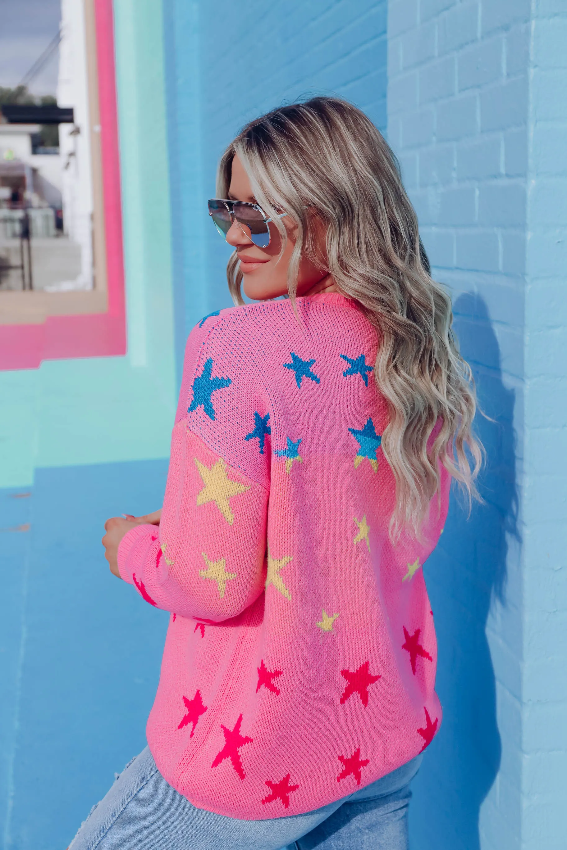 Neon Star Knit Sweater - Pink