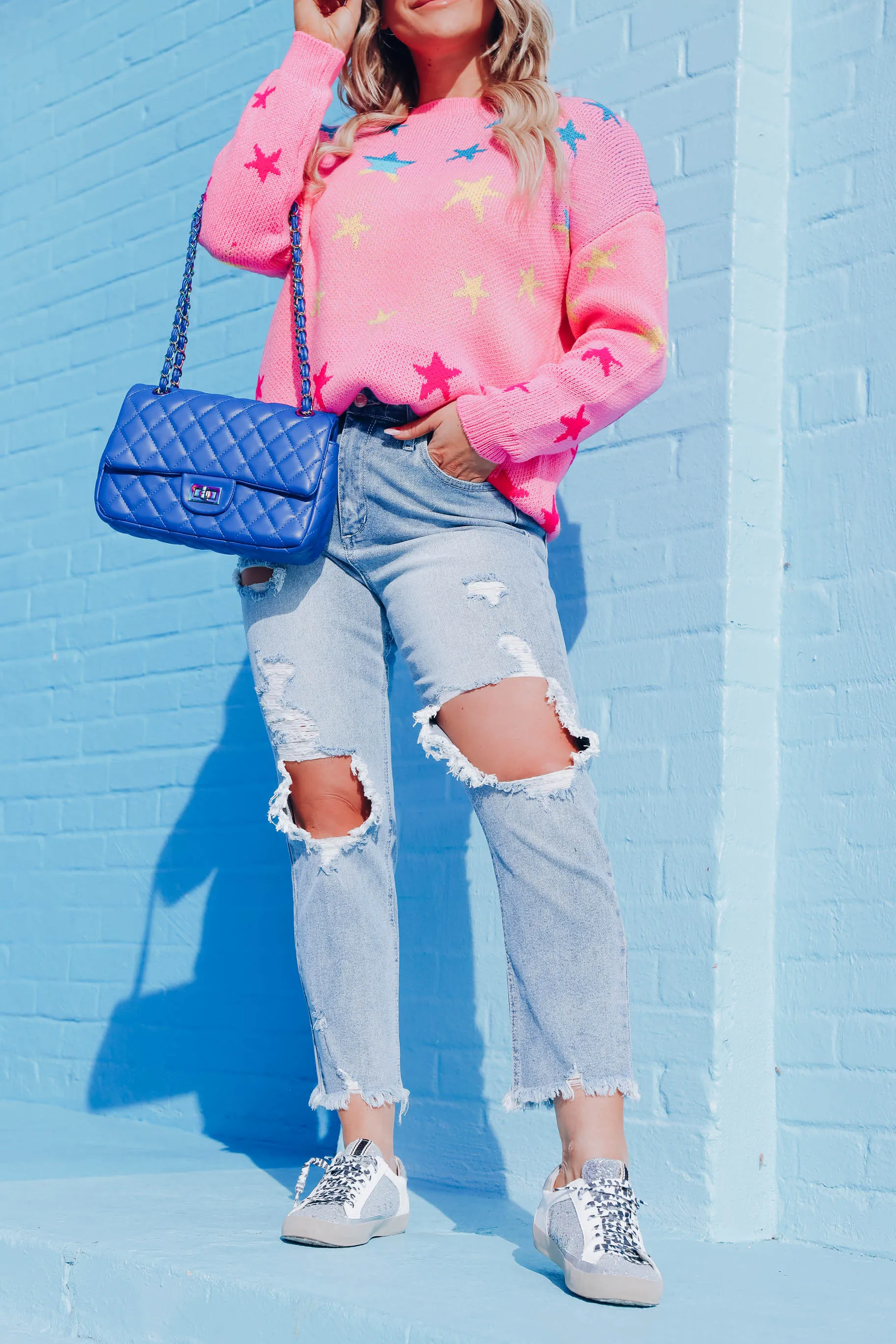 Neon Star Knit Sweater - Pink