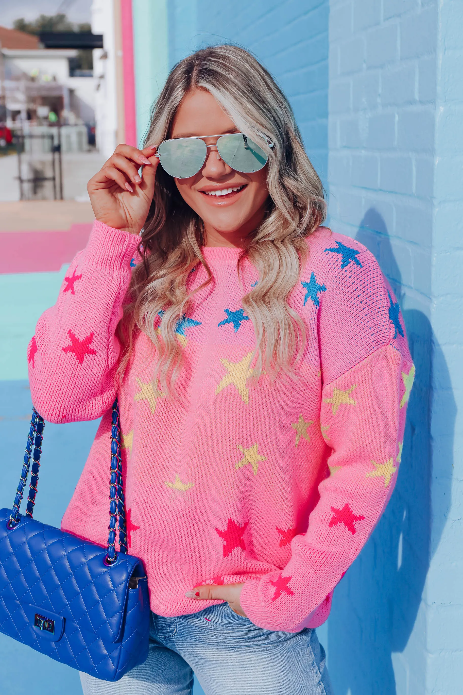 Neon Star Knit Sweater - Pink