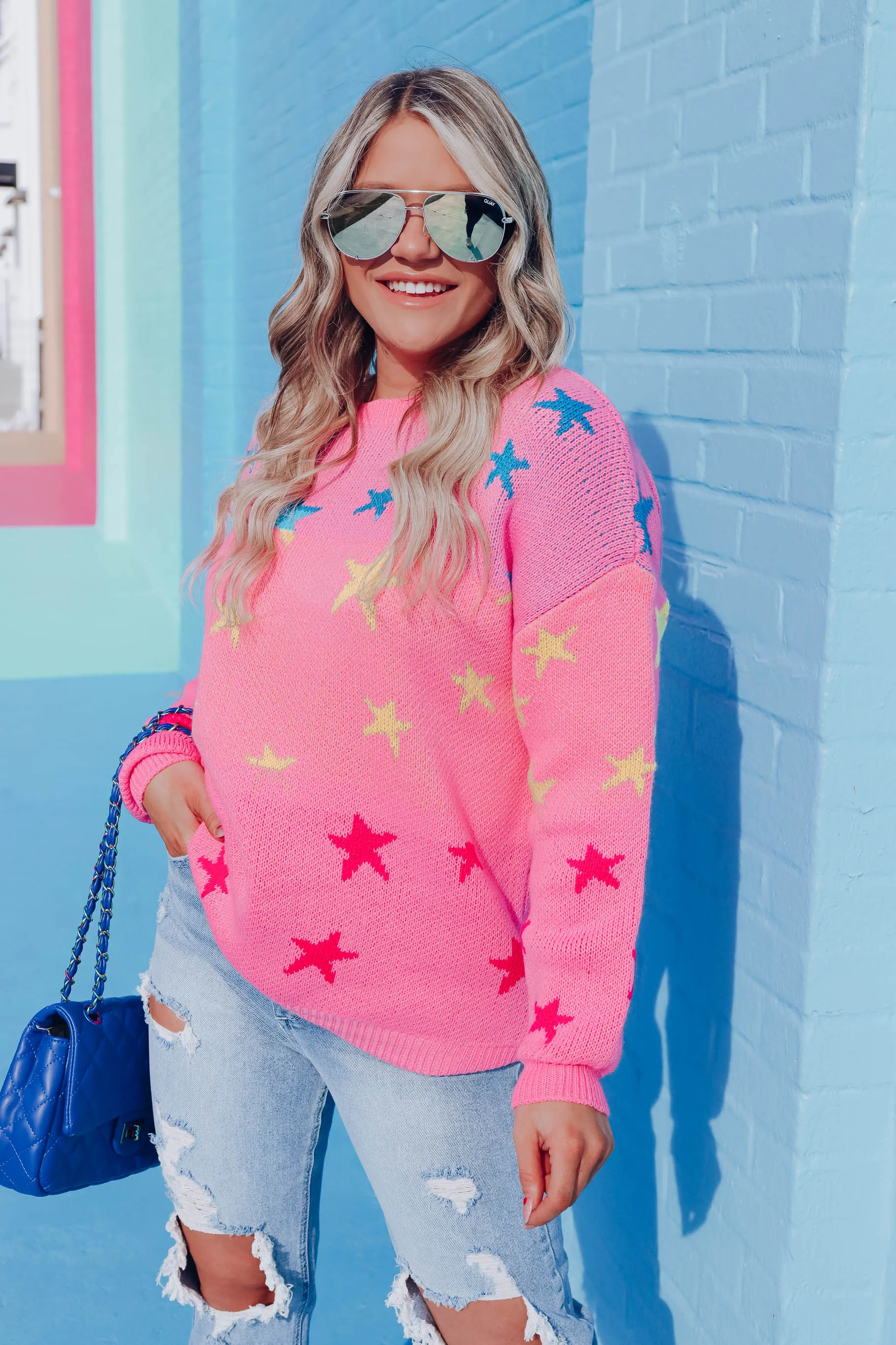 Neon Star Knit Sweater - Pink