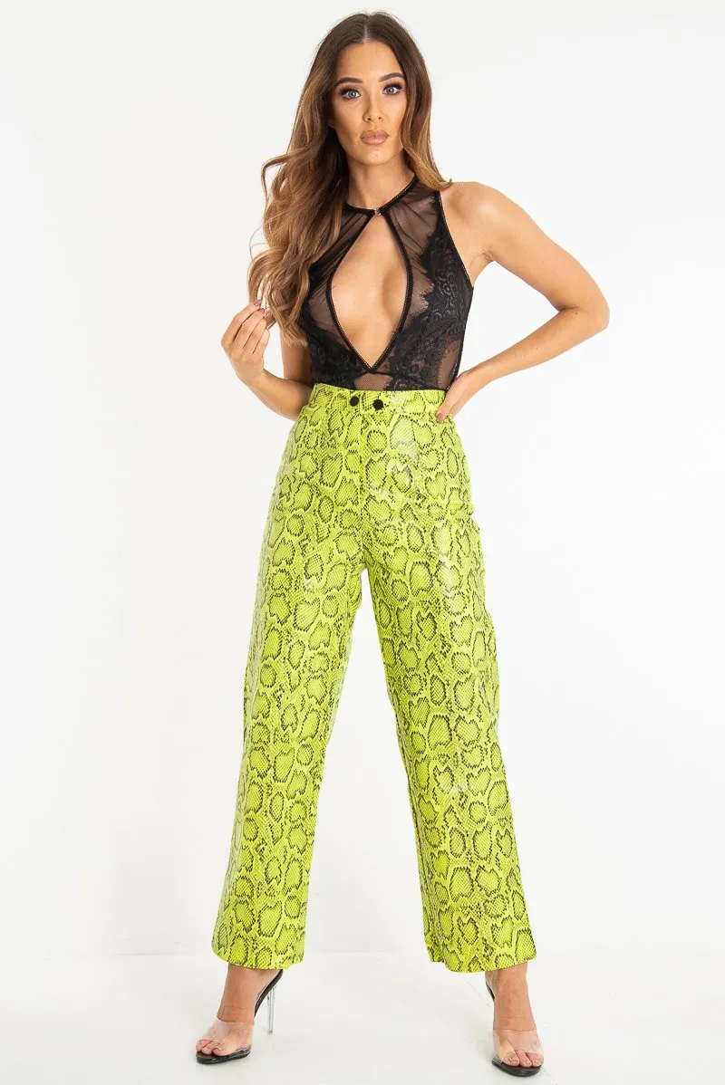 Neon Yellow Coated Snake Print Trousers - Missy