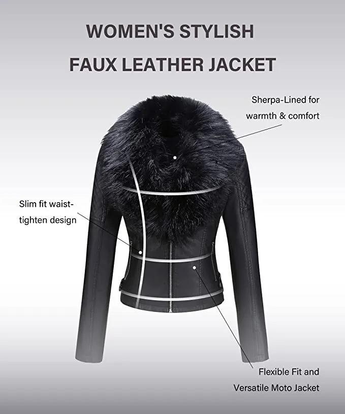 New Bellivera Women's Faux Leather Jacket with Detachable Faux Fur Collar, Black, Sz M!
