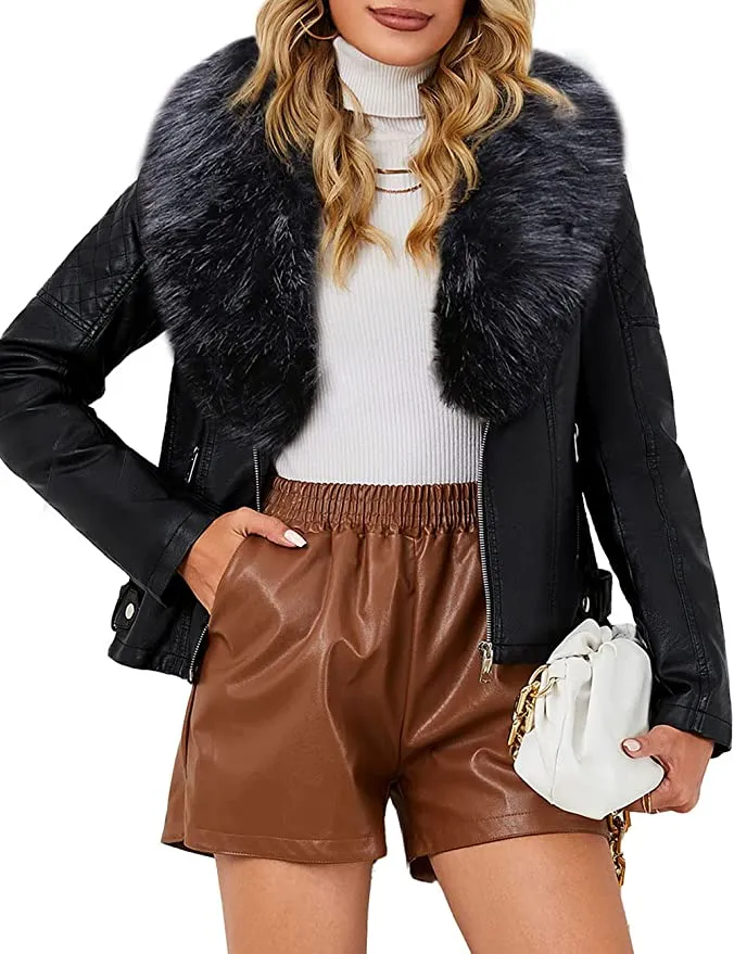 New Bellivera Women's Faux Leather Jacket with Detachable Faux Fur Collar, Black, Sz M!