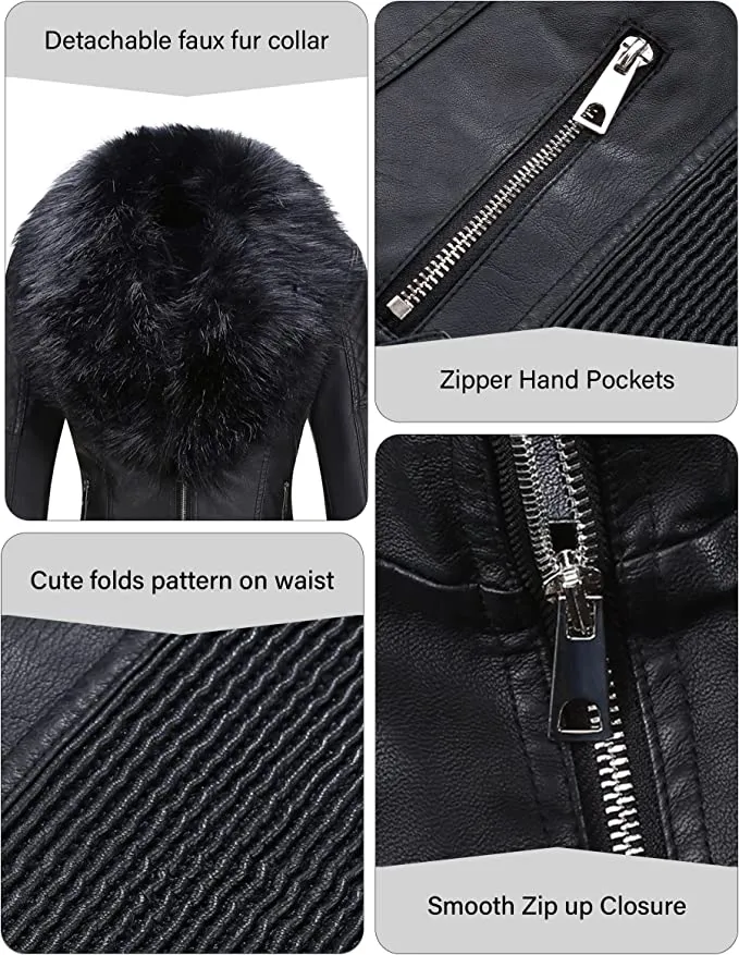 New Bellivera Women's Faux Leather Jacket with Detachable Faux Fur Collar, Black, Sz M!