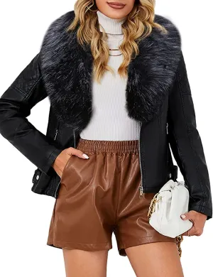 New Bellivera Women's Faux Leather Jacket with Detachable Faux Fur Collar, Black, Sz M!