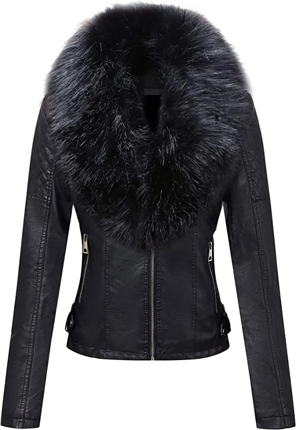 New Bellivera Women's Faux Leather Jacket with Detachable Faux Fur Collar, Black, Sz M!