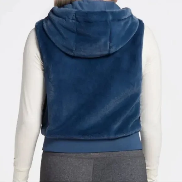 NEW Calia Womens Size Large Faux Fur Hooded Vest Full Zip Blue Carrie Underwood