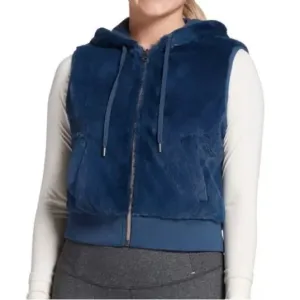 NEW Calia Womens Size Large Faux Fur Hooded Vest Full Zip Blue Carrie Underwood
