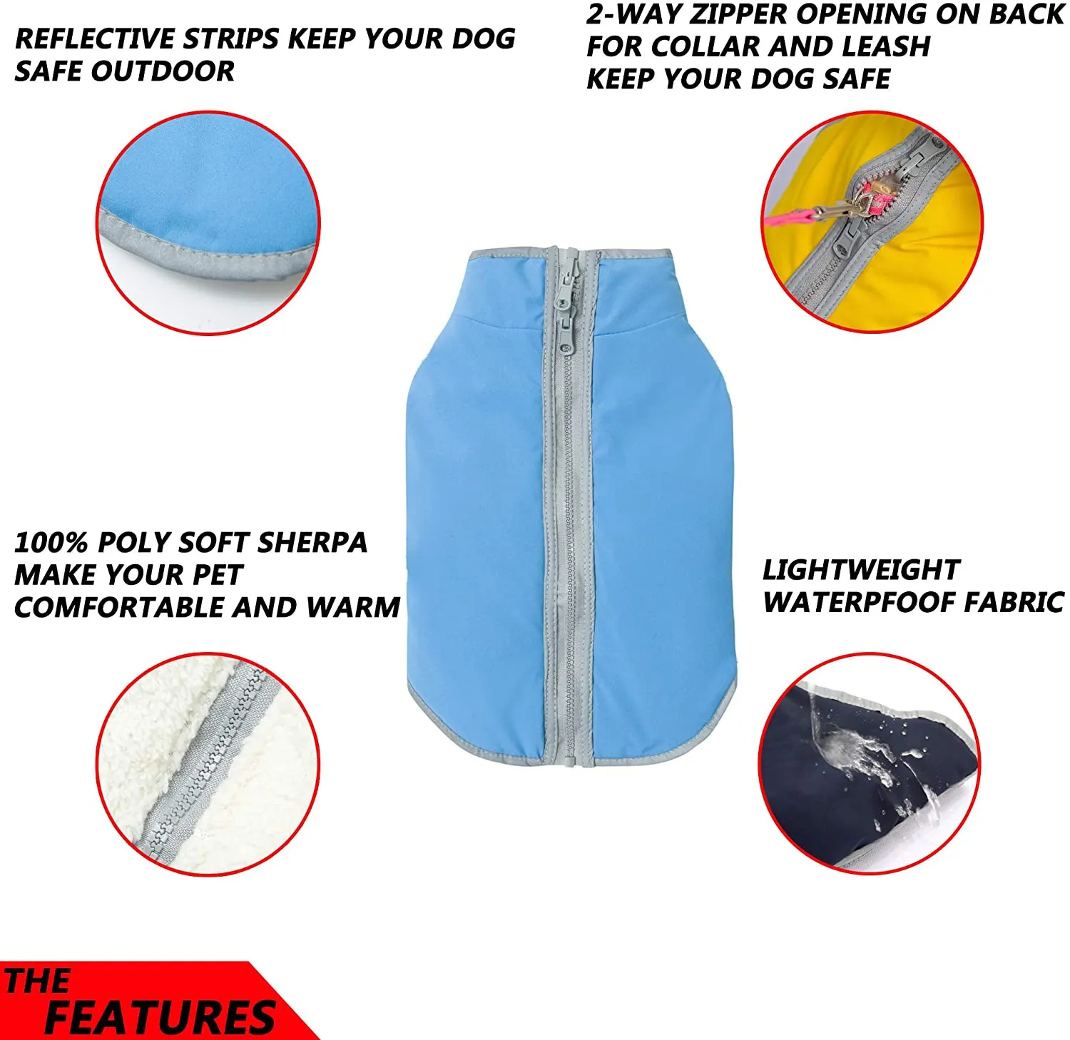 New Comfortland Waterproof Windproof Reversible Fleece Lined Warm Dog Jacket, Blue, Sz XS!