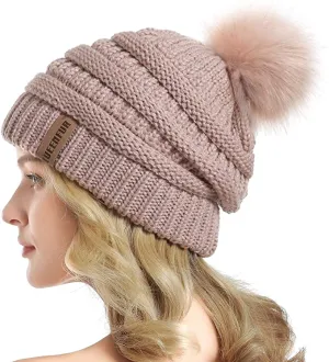 New Queenfur Knit Slouchy Beanie for Women Thick Baggy Hat Faux Fur Pompom Winter Hat in Rose Pink!