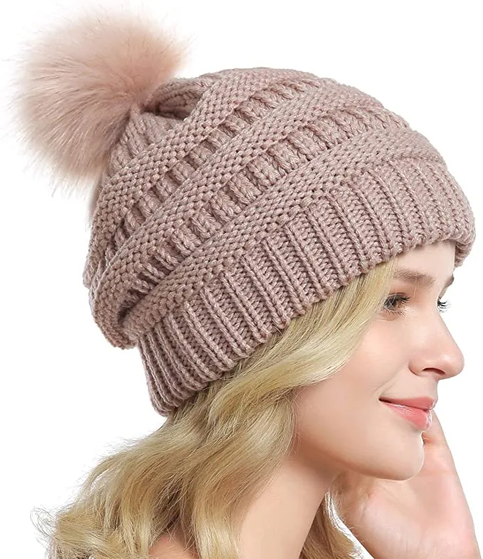 New Queenfur Knit Slouchy Beanie for Women Thick Baggy Hat Faux Fur Pompom Winter Hat in Rose Pink!