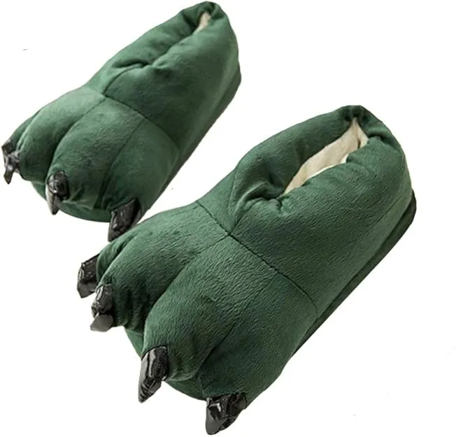 NEW Thicken Warm Winter Slippers Dinosaur Claws Slippers Novelty Feet, Green, Kids Sz 3/4