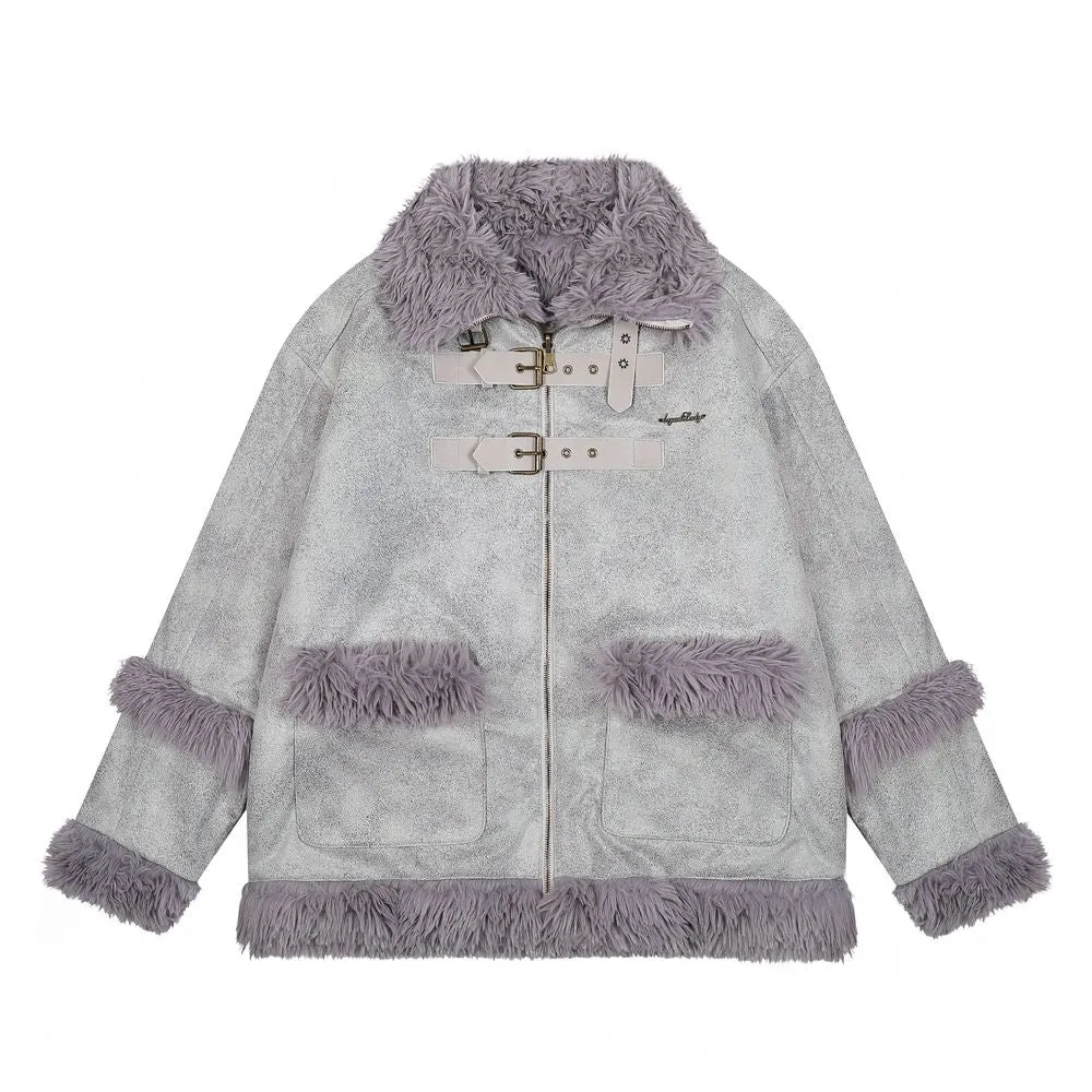 【NOW TREND】Leather Button Zip Fur Collar Coat
