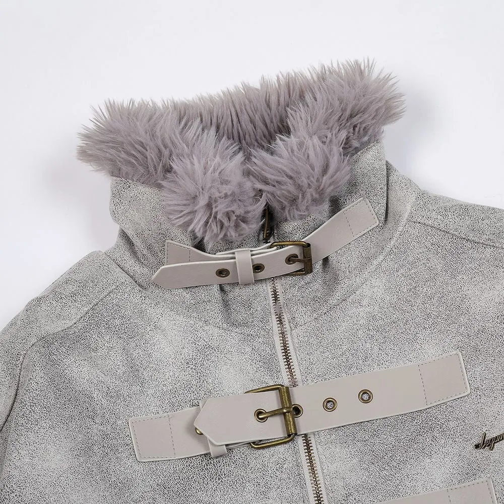 【NOW TREND】Leather Button Zip Fur Collar Coat