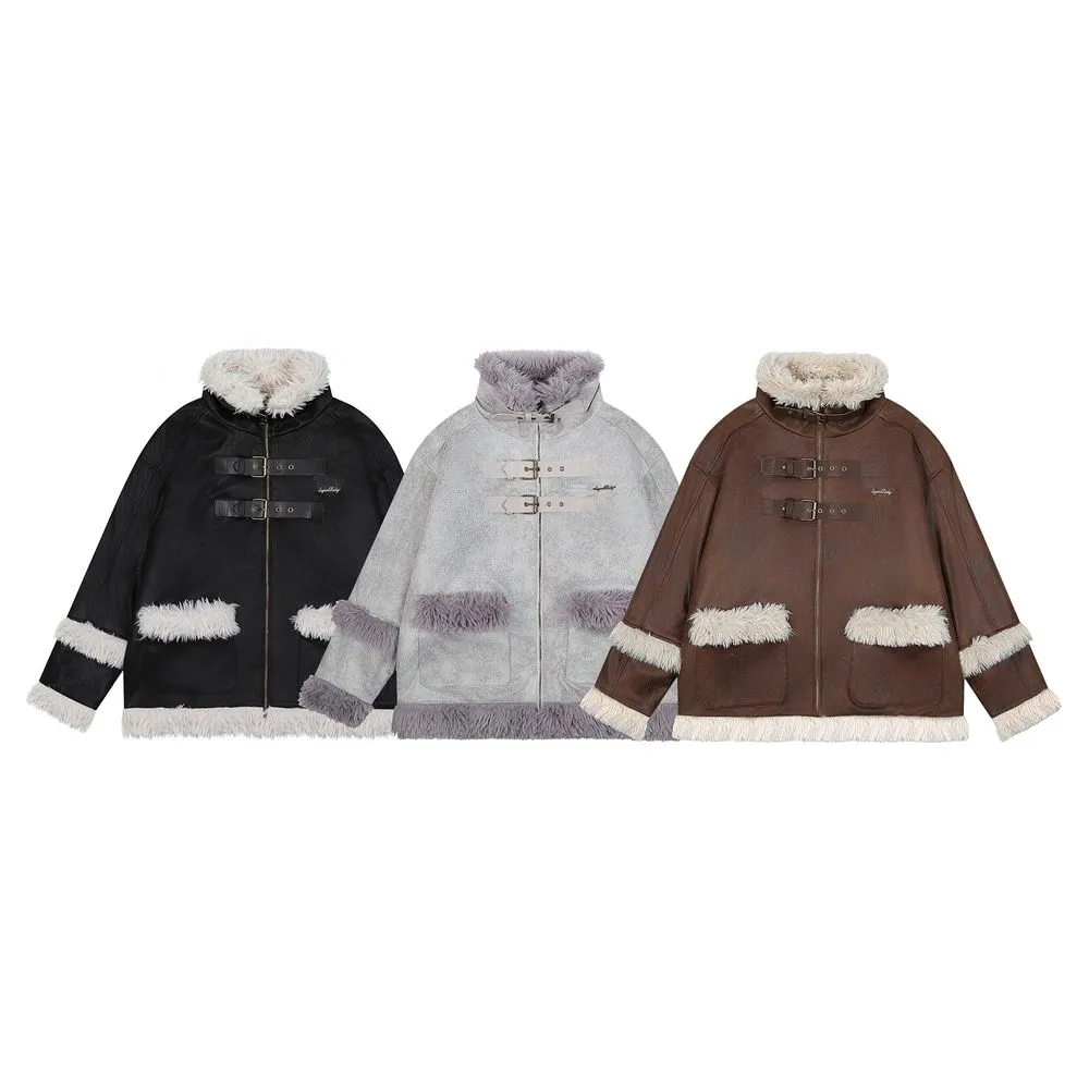 【NOW TREND】Leather Button Zip Fur Collar Coat