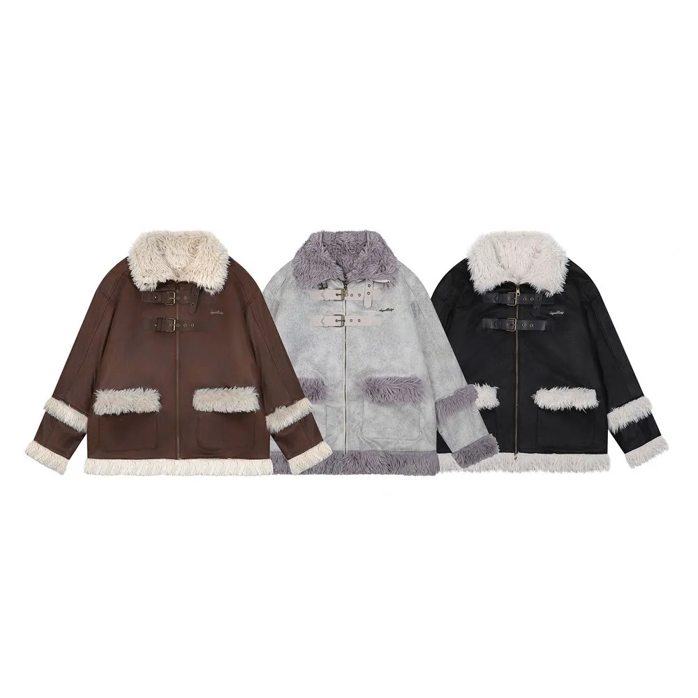 【NOW TREND】Leather Button Zip Fur Collar Coat