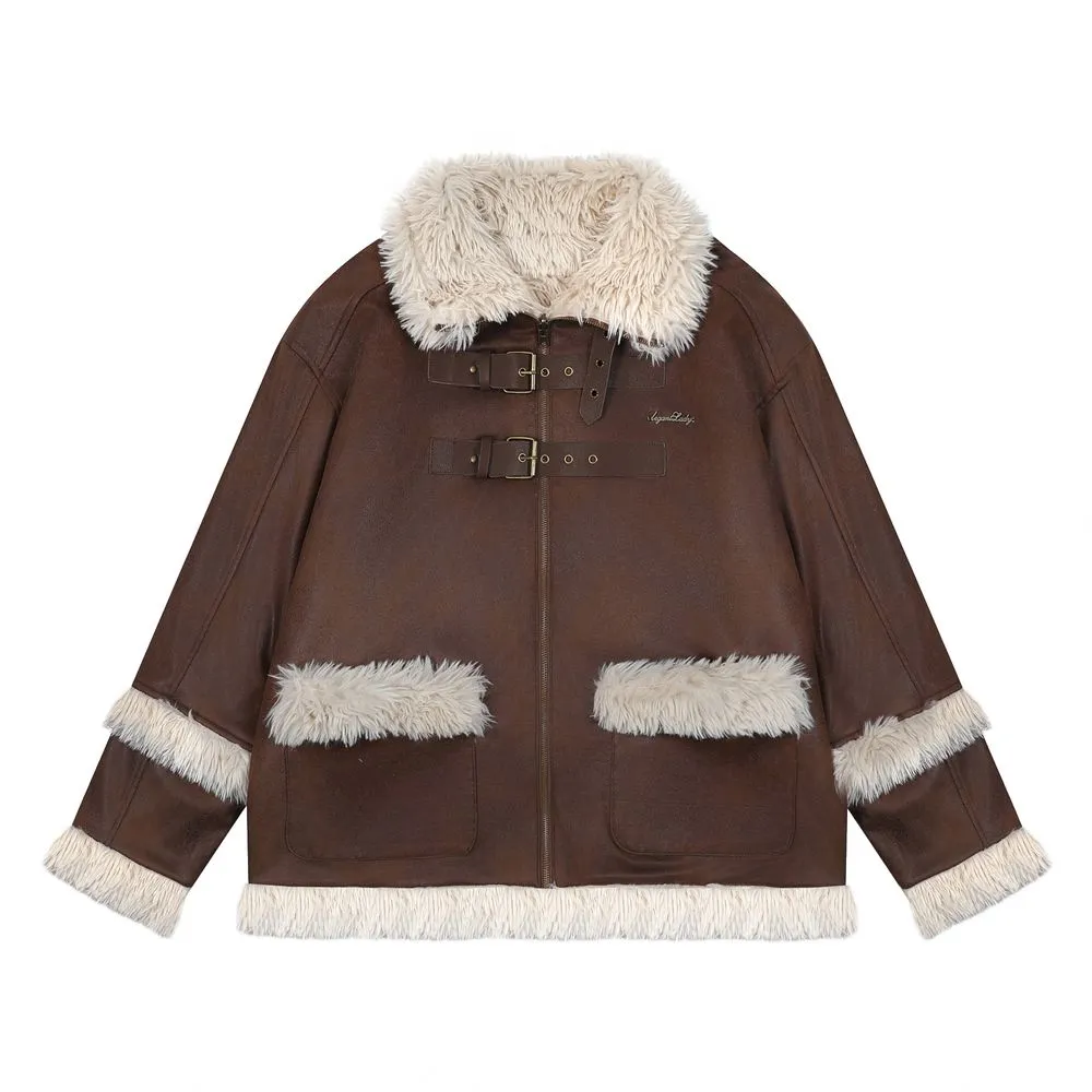 【NOW TREND】Leather Button Zip Fur Collar Coat