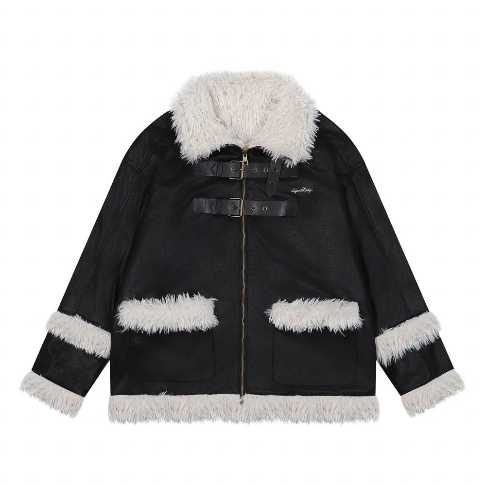 【NOW TREND】Leather Button Zip Fur Collar Coat