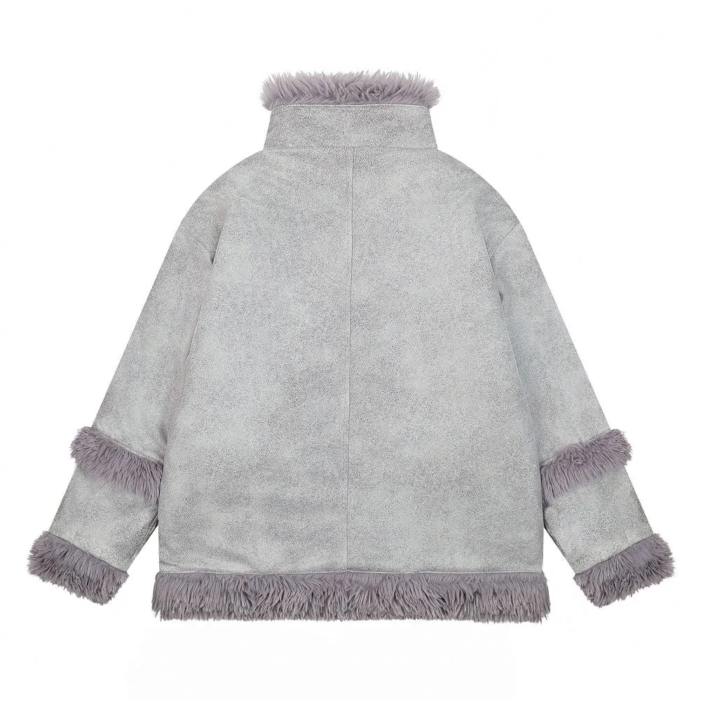 【NOW TREND】Leather Button Zip Fur Collar Coat
